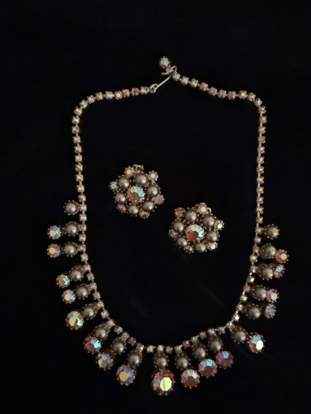 Vintage Aurora Crystal Statement Necklace with Clip Earrings